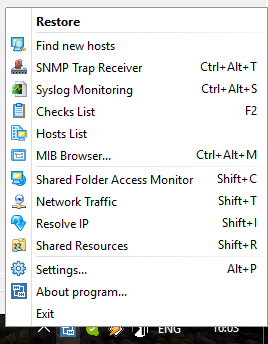 program context menu in system tray