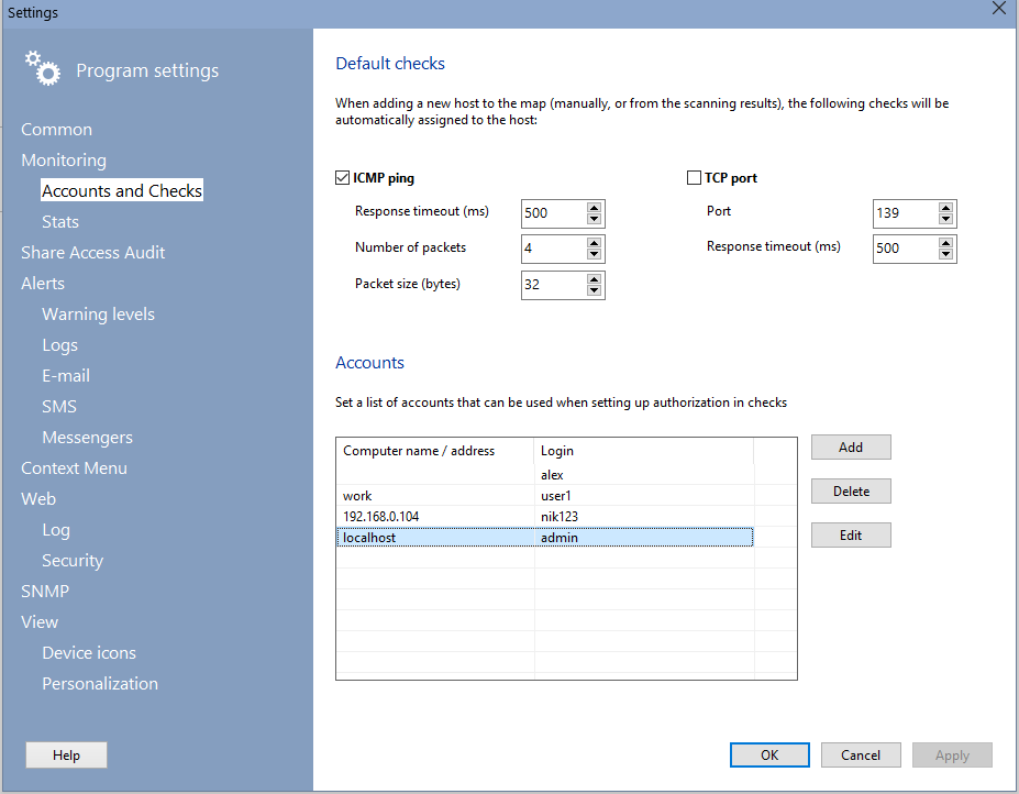 default network checks and its settings