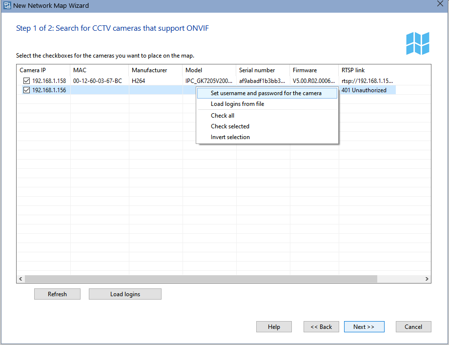 scanning network and searching for ip cameras with the rtsp url link detection after authorization