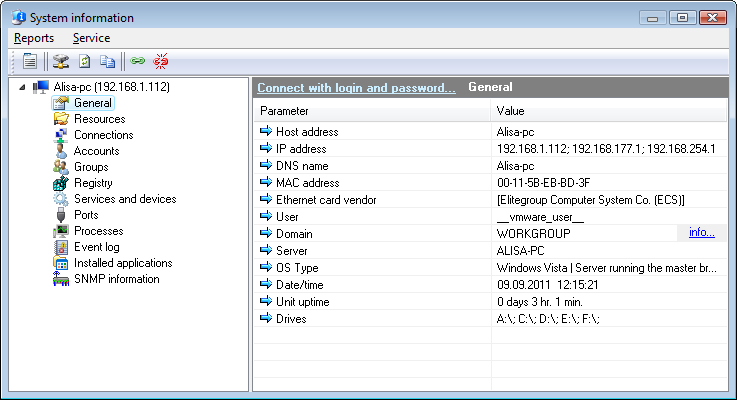 Remote computer information: IP, DNS, MAC addresses, user, domain, OS, date and time