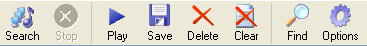 Toolbar buttons: search, stop, play, open, save, delete, clear, find, options