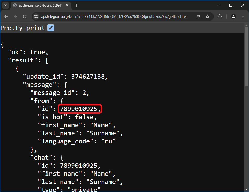 json containing telegram chat id