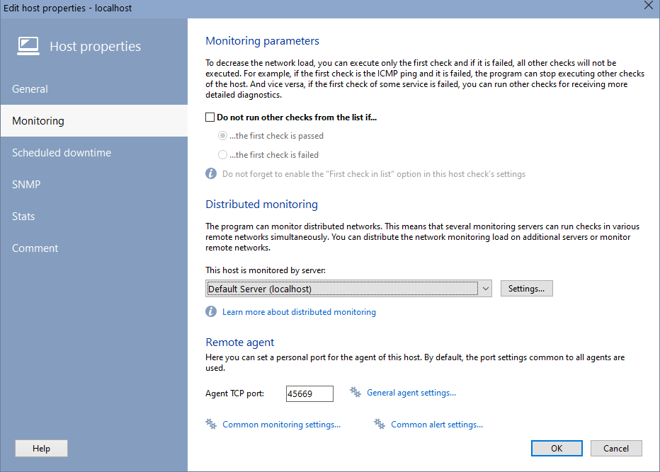 distributed monitoring settings for remote networks and remote agent settings