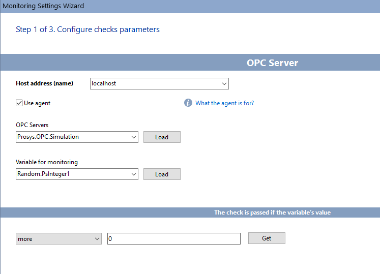 OPC server monitoring settings