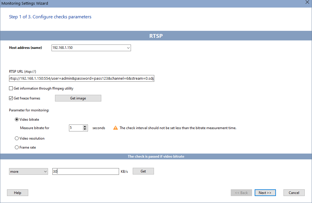 RTSP bitrate monitoring settings