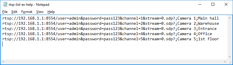 list of RTSP broadcasts from IP cameras in a text file with descriptions