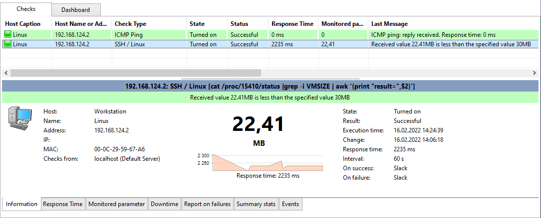 SSH monitoring check result displaying (free disk space)