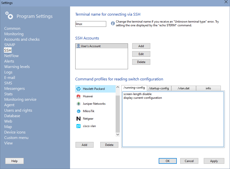Configuring SSH entries for connecting to switches