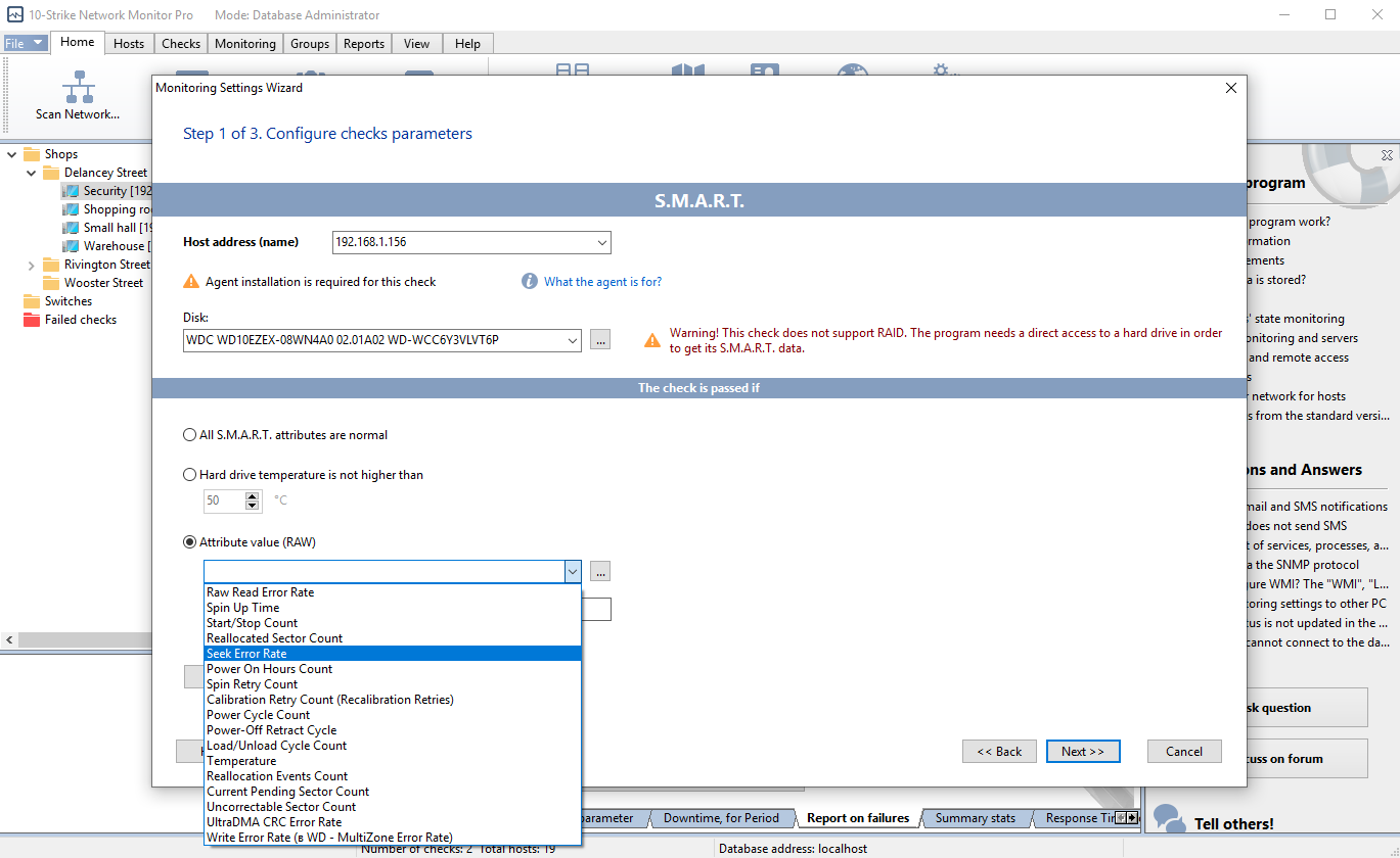 configuring the SMART check and selecting parameters for monitoring