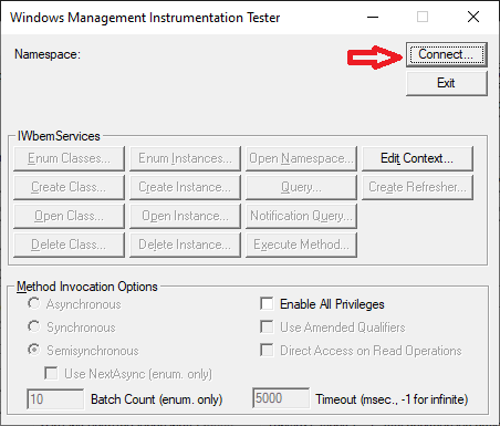 Wbemtest utility window - Connect