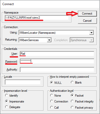 Wbemtest utility window - Connection data