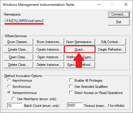 Wbemtest utility window - Query