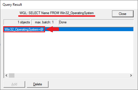 Wbemtest utility window - Win32_OperatingSystem=@