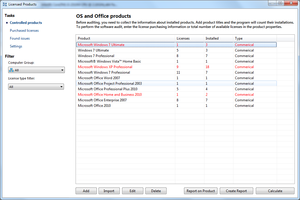 license audit - the license manager window