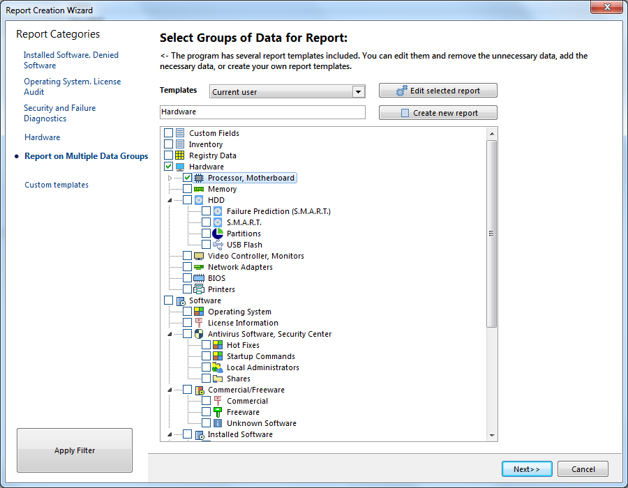 quick report or hardware and software configuration items