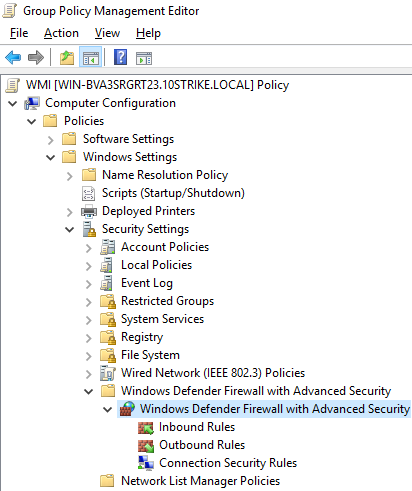 The policy "Windows Defender Firewall with Advanced Security"