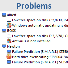 Antivirus failures, hard drive health, overheating, and low disk space monitoring