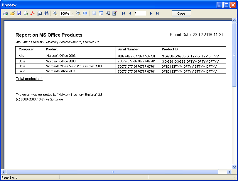 report on Microsoft Office products and its serial numbers and product ID