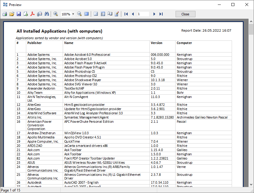 report on software installed on a remote computer