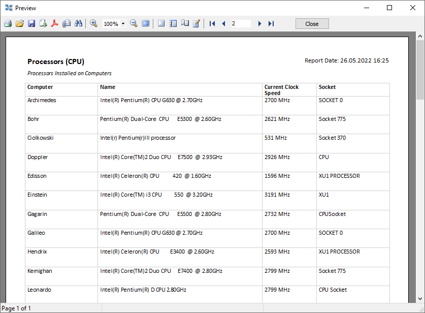 report on processors installed on remote computers